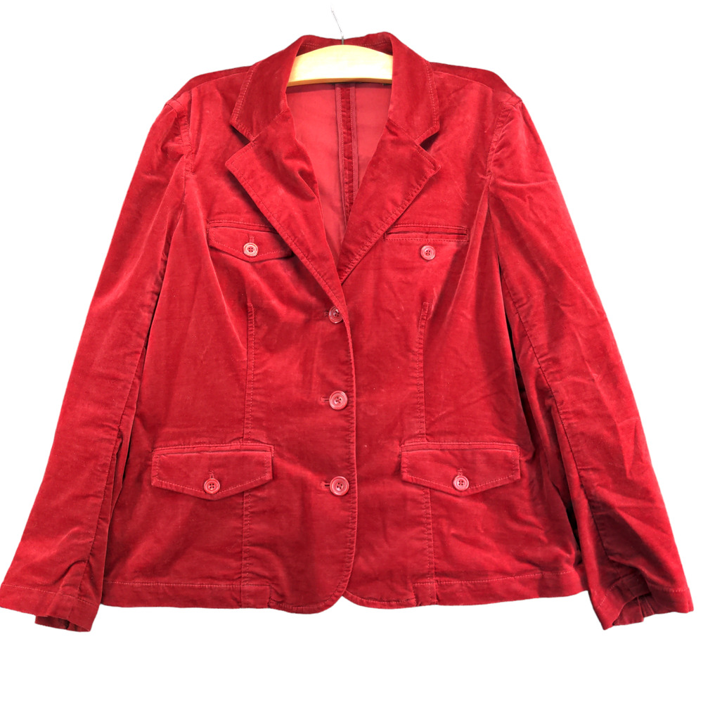 Eddie Bauer Women's Button-Up Velour Blazer Jacket Red Large Flap Pockets
